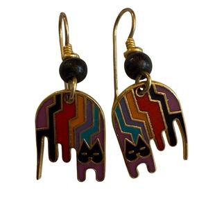 Laurel Burch Cat Earrings Enamel Dangle Pierced Drop Boho Vintage Retro Colorful